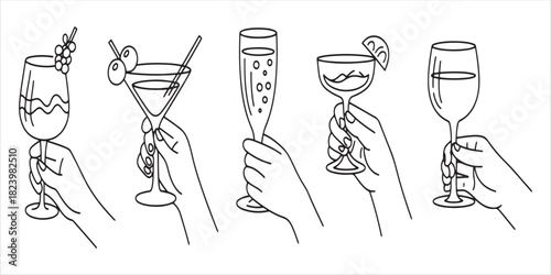 Hand drawn sketches of various champagne glasses with celebratory garnishes
