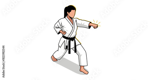 Karate practitioner in white gi demonstrating punch technique for martial arts design