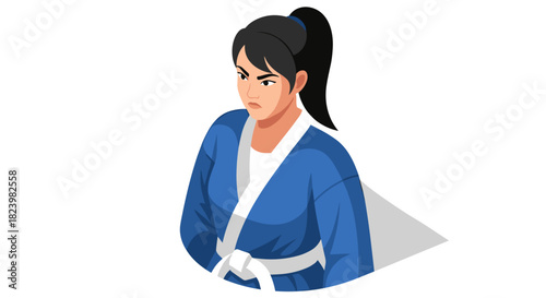 Determined female martial artist in blue and white gi for training and competition concepts