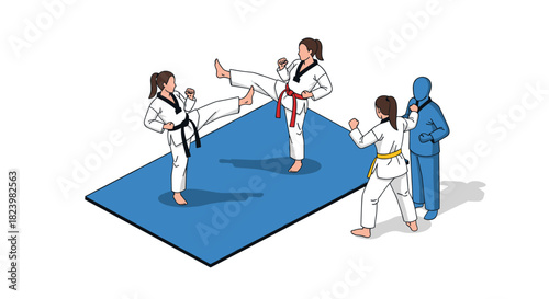 Karate training session with female fighters practicing on blue mat