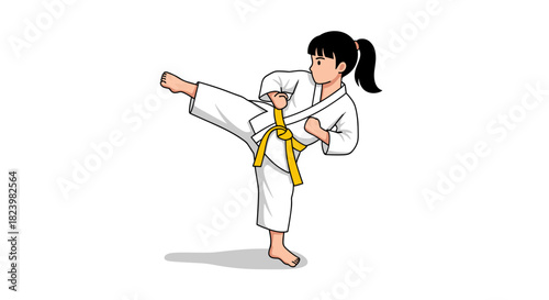 Young girl practicing karate kick in white gi and yellow belt for martial arts training design