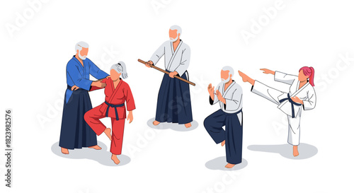 Diverse martial arts practice with senior instructors and young students in traditional attire