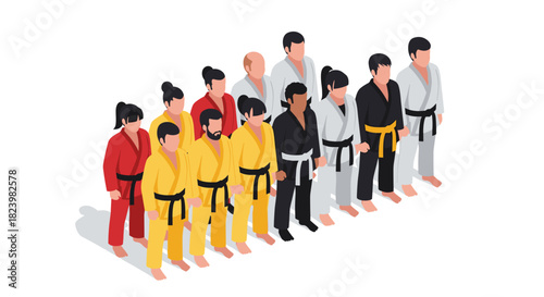 Martial arts team in colorful uniforms for training and teamwork illustration