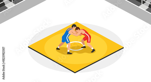 Competitive wrestling match scene on yellow mat in arena