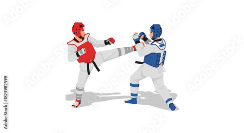 Taekwondo match illustration with two competitors sparring in red and blue gear
