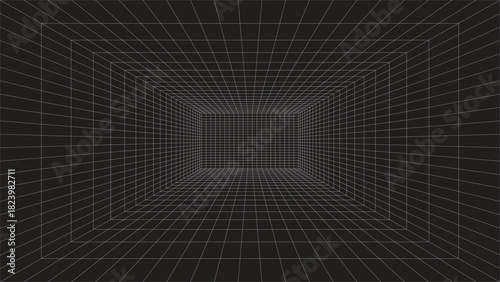 Futuristic 3d perspective grid box wireframe with white line on black background. Vector.