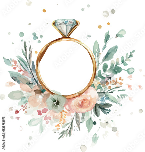 Elegant watercolor composition featuring a diamond ring encircled by delicate floral elements in soft tones - vector illustration