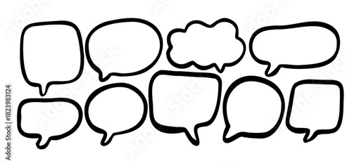 Speech thought bubble, simple rough hand-drawn doodle style. Black outline vector illustration of various shapes (oval square cloud) for text, conversation, dialogue. Blank comic book isolated element