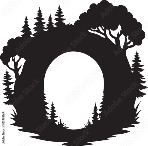 Scenic wilderness outline featuring diverse trees and natural elements in black