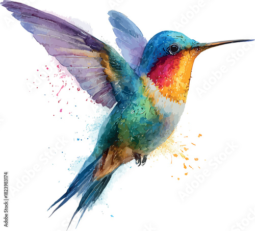 Vibrant watercolor illustration capturing a hummingbird in swift motion with bright feather details on a pure white background - vector illustration