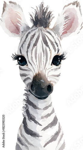 Delightful watercolor kids illustration portraying a cute zebra with soft artistic stripes and gentle charm - vector illustration