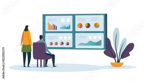 Business team analyzing financial data and quarterly reports on a large digital display screen illustrating data comparison and strategic planning