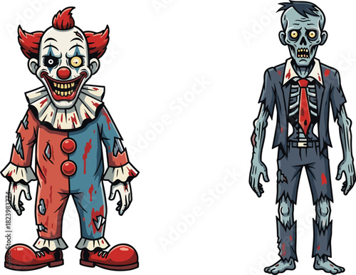 Cartoon pixel art style scary zombie clown and undead businessman character illustration for horror game or Halloween theme vector design.