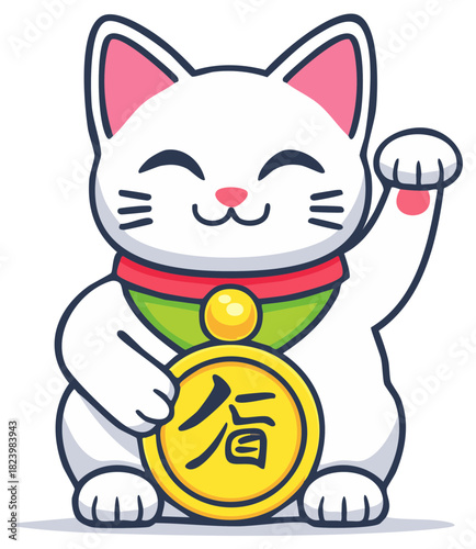 Cartoon lucky beckoning cat holding a coin with a traditional Asian character, mascot with a raised paw brings good luck