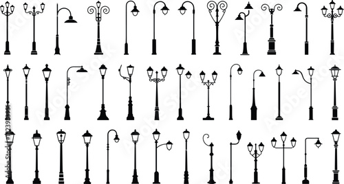 Street lamp silhouette collection, urban lighting design, classic and modern styles, vector set for architecture, city planning, decoration, and graphic projects