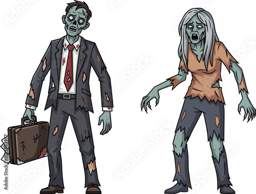 Cartoon pixel art style zombie couple characters, male in business suit and female in tattered clothes, for horror game asset vector illustration.