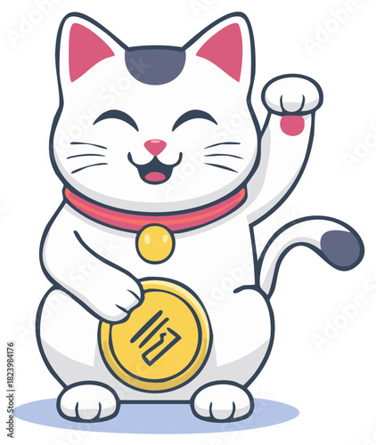 Adorable Japanese Maneki Neko lucky cat waving its paw and holding a gold coin
