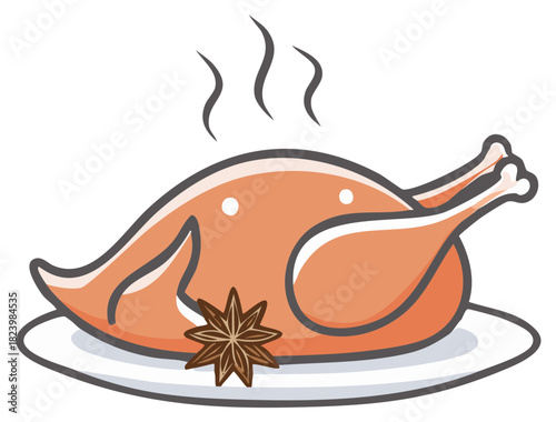 Cute cartoon of a hot steaming roasted turkey with star anise on a plate for a holiday dinner