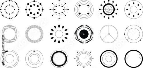 Abstract circular vector set, geometric diagram icons, scientific, mechanical, symbolic design elements for UI, technology, physics, engineering, futuristic art