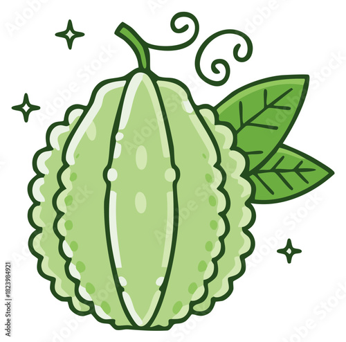 Cute cartoon bitter melon illustration with fresh leaves and sparkling details