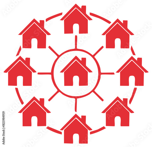 Red houses in a circle interconnected by lines symbolizing network or community
