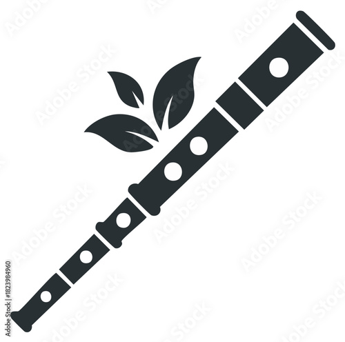 A vector graphic of a musical flute with leaves, representing music and nature, for creative projects.
