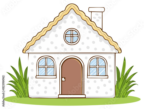 Cartoon house illustration with thatched roof, arched windows and round window on a green lawn in a cartoon style