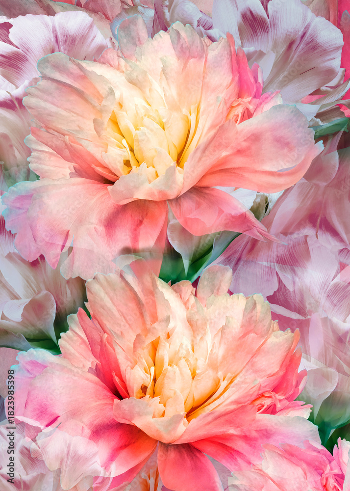 Fototapeta premium Floral spring background. Peonies flowers and petals flowers. Close-up. Greeting card. Nature.