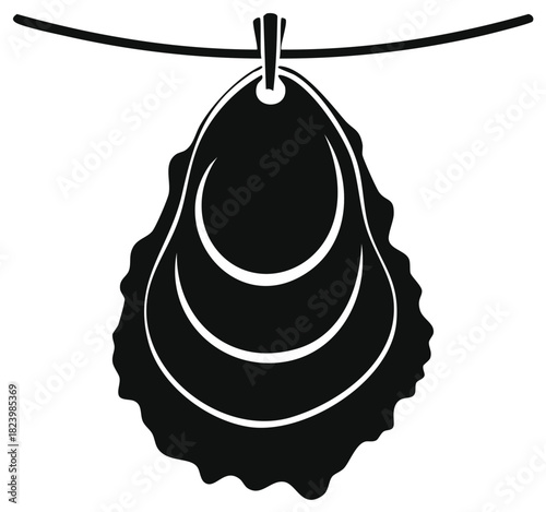 Black Silhouette of an Oyster Shell Hanging from a Clothesline with a Clothespin Simple Vector Icon