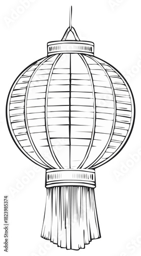 Hand drawn black and white line art of a traditional Chinese paper lantern with a decorative tassel for festive celebration