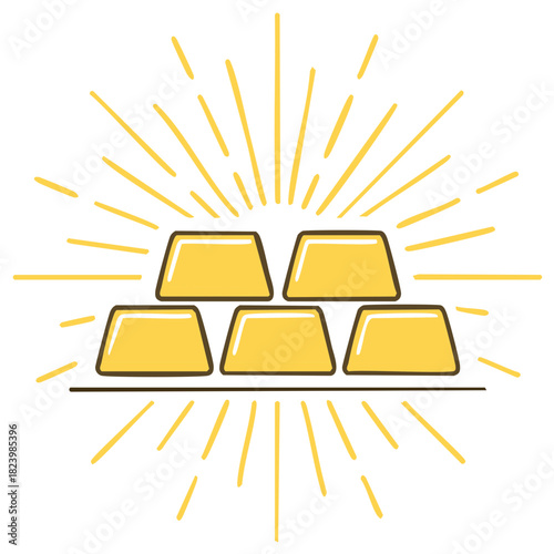 Cartoon illustration of stacked gold ingots with shining rays