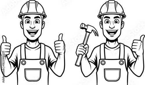 Cartoon builder giving thumbs up and holding hammer in black and white