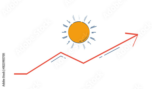 Sunny weather boost in forecast trend 2D doodle object. Sun over upward zigzag arrow. Summer weather rise cartoon element flat vector clipart isolated on white background. Hand drawn illustration