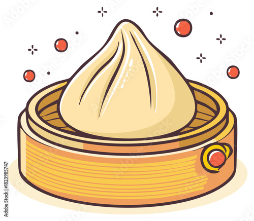 Steaming Soup Dumpling in Bamboo Steamer Basket Cartoon Style Illustration