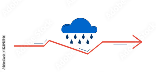 Rainy weather with trend arrow 2D doodle object. Rain cloud with raindrops over zigzag line. Precipitation cartoon element flat vector clipart isolated on white background. Hand drawn illustration
