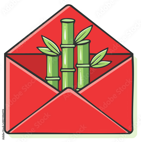 Vibrant red envelope holding lucky green bamboo stalks a symbol of good fortune prosperity and growth
