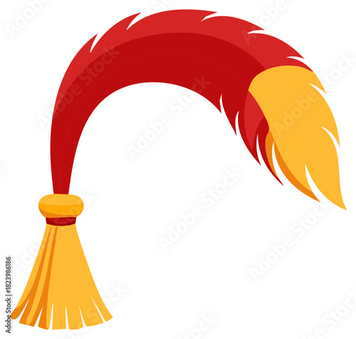 Decorative red and yellow feather design with a tassel in a vector illustration