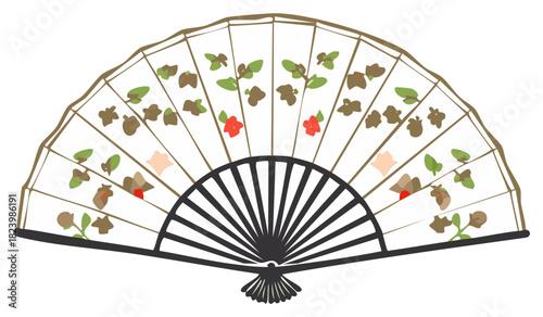 Decorative hand fan with floral design and dark handle on a white background