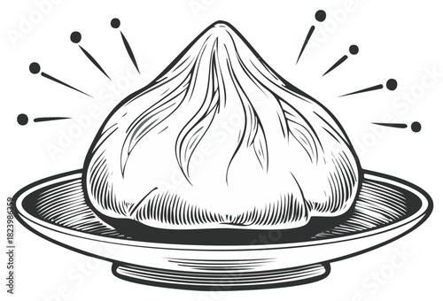 Traditional dumpling on a plate with emanating lines and dots suggesting deliciousness