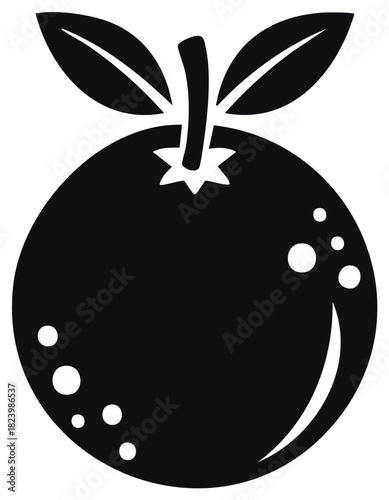 Stylized Black Silhouette of an Orange with Leaves