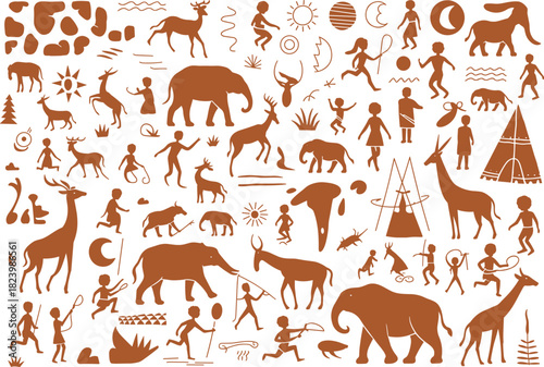 Prehistoric cave painting style, tribal petroglyph illustration, ancient human and animal figures, nature symbols, hunting scenes, perfect for history, culture, and education
