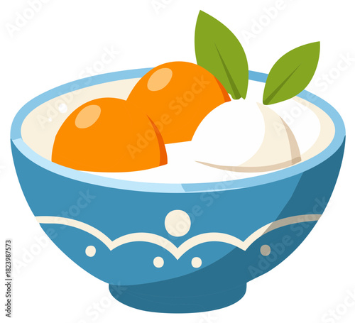 Sweet Balls and Cream in a Decorative Bowl with Leaves for Garnish Illustration