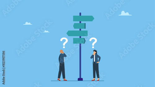 Confused businesswomen make decision choosing path. Decision choice, confusion, doubt for opportunity, challenge to choose career path, way to success or tough decision, way to solve problem.