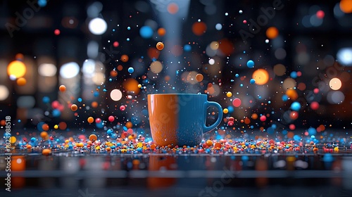 A vibrant scene with a blue and orange mug at the center, surrounded by a multitude of colorful, small spheres that appear to be exploding or floating. The back
