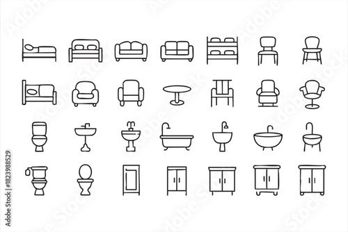 Minimal home furniture and bathroom icon set for interior design projects
