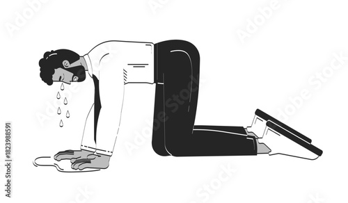 Exhausted black businessman crying on floor doodle linear character. African american office man on all fours, overwhelmed 2D vector outline person isolated. Hand drawn drawing illustration monochrome