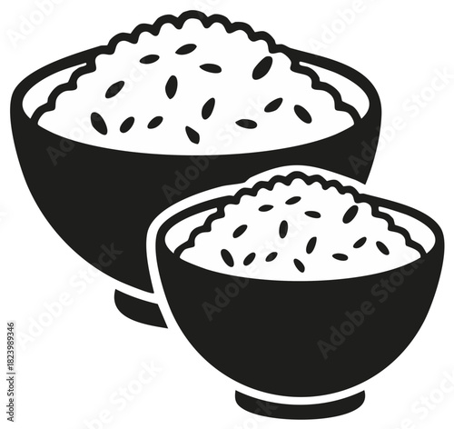 Black and white illustration of two bowls of rice