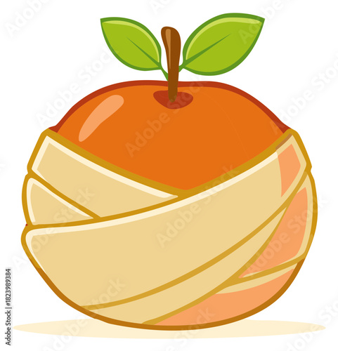 Stylized orange fruit with a partially wrapped peel, stem, and leaves vector icon