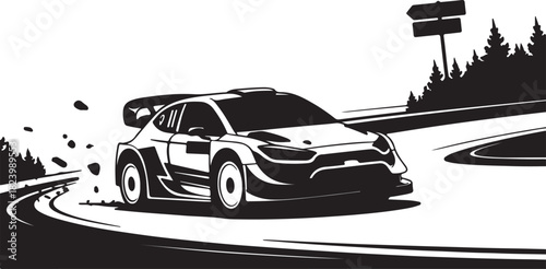 Black and white illustration of a rally car racing on a winding road with trees and a signpost