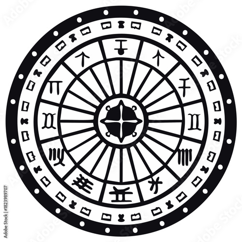 Mystical ancient symbolic circular diagram with esoteric spiritual astrological characters